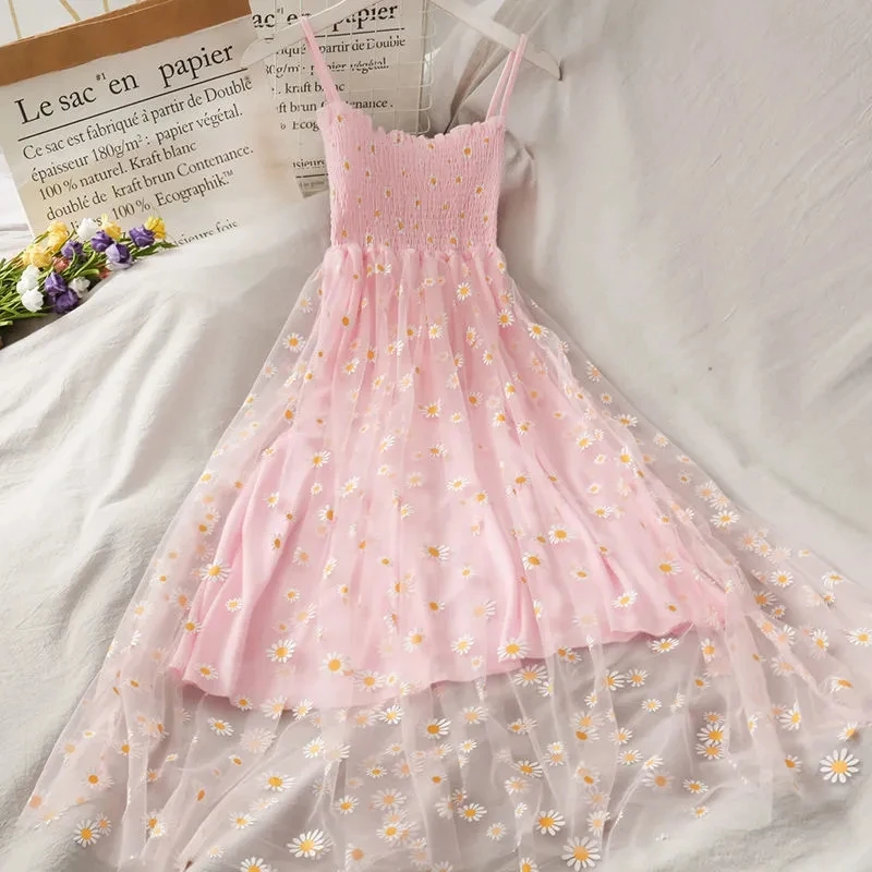 

women's fuchsia chiffon Floral dress light sling tulle long dress female retro crochet princess dress 2021