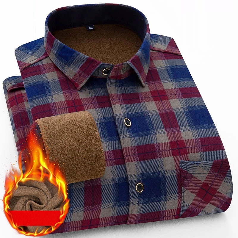 New 2020 Winter Thick Warm Dress Shirt For Men Casual Long Sleeve Plaid Fleece Lining Shirts Fashion Soft Flannel MY203 | Мужская одежда