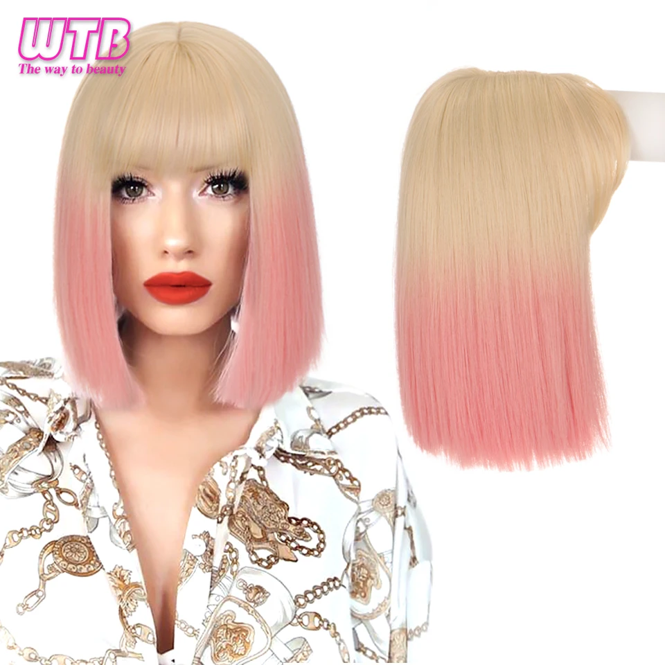 

WTB длинный прямой боб парик с челкой для женщин синтетический блонд розовый Омбре для вечерние Лолита ежедневное использование волос