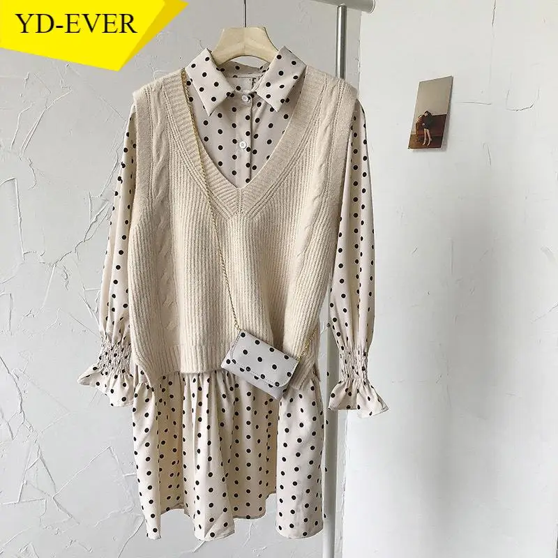 2021 верхняя одежда из двух частей для женщин весенняя в горошек платье с v-образным