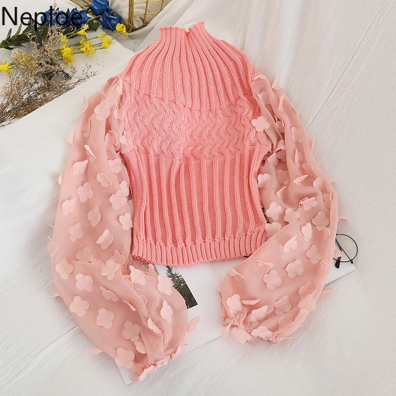 Neploe корейский контрастный цвет Аппликации патч Сетчатое платье-фонарь рукав