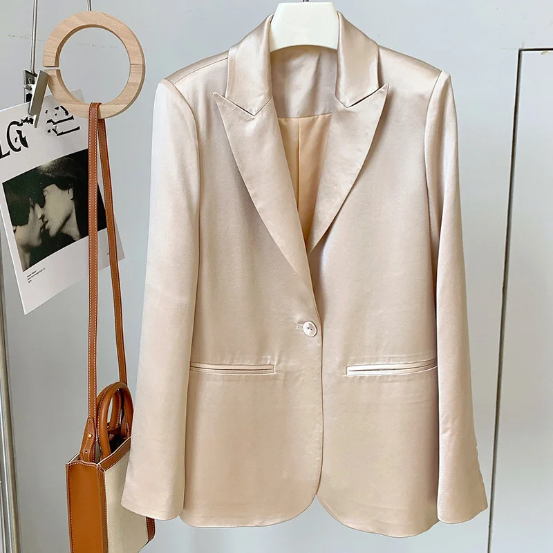 

High Qaulity Women Blazer Coat 2021 Spring Fashion Elegant OL Loose Champagne Suit Jacket Single Button Fake Silk Blazers