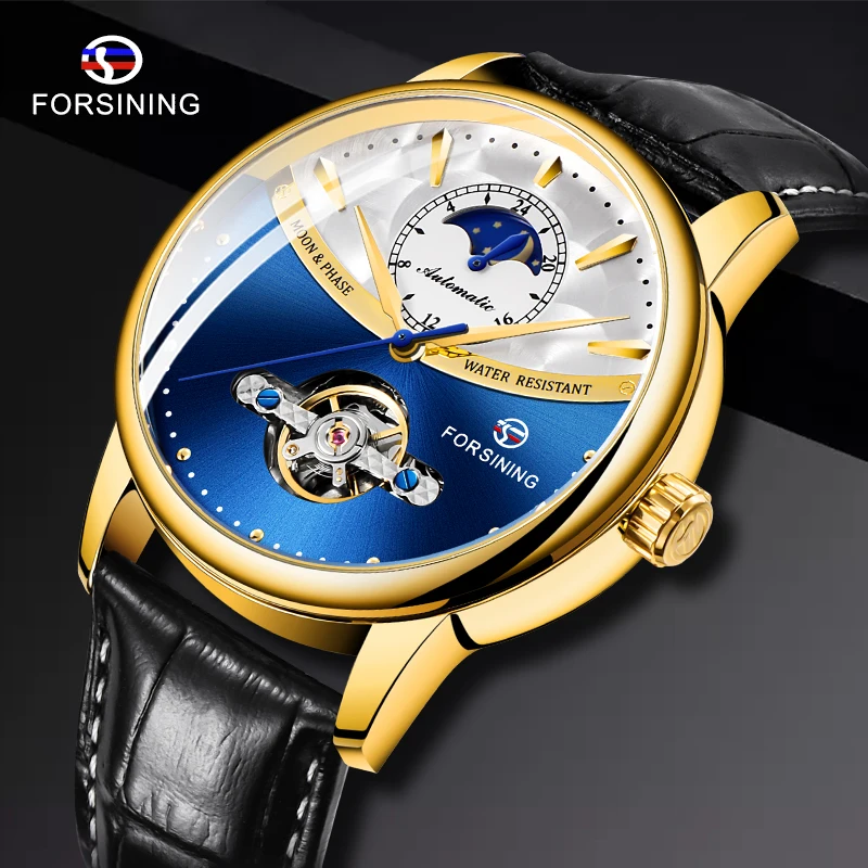 Forsining Tourbillon синие автоматические часы мужские классические Moonphase Дизайн Натуральная кожа Ремешок Водонепроницаемый Бизнес наручные часы подарок