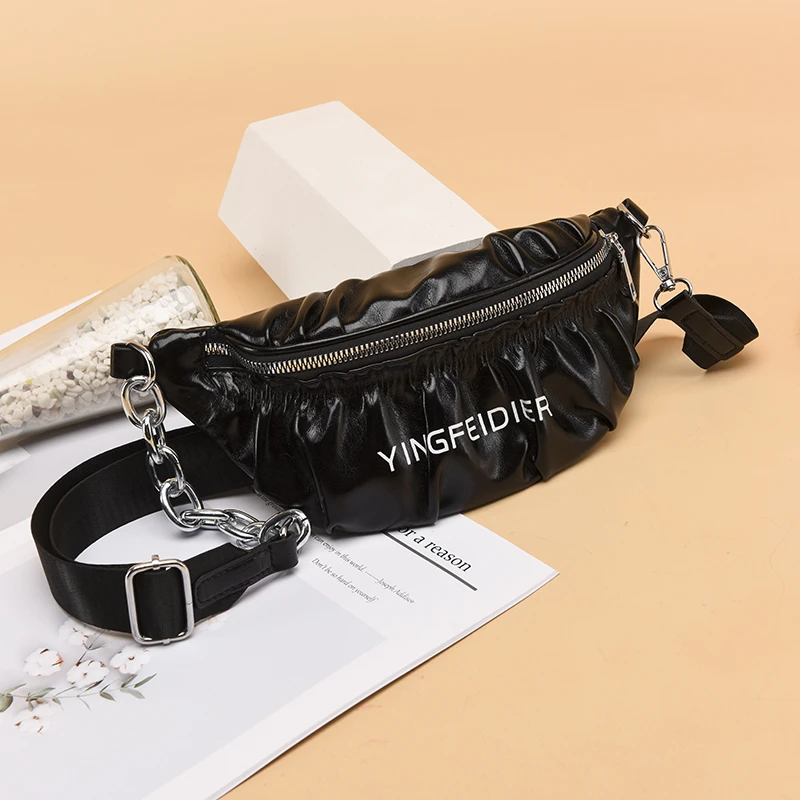 

Letter Chain Ruched Leather Women's Waist Bag Fashion Designer Shoulder Bag Ladies Brand Handbag Solid Color Chest Crossbody Bag