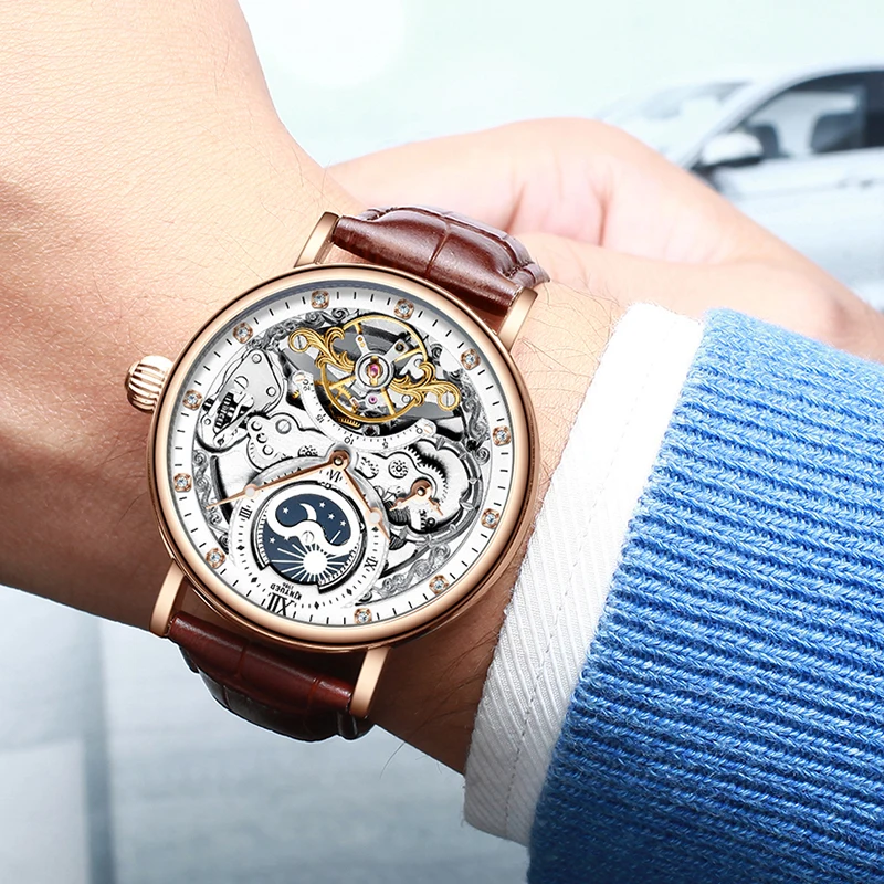KINYUED New Skeleton Watches Mechanical Automatic Watch Men Tourbillon Sport Clock Casual Business Wrist Relojes Hombre | Наручные часы
