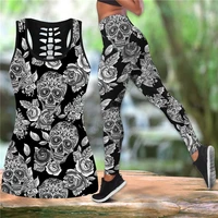 skull flower tattoos combo outfit leggings and hollow out tank top suit yoga fitness soft legging summer women for girl