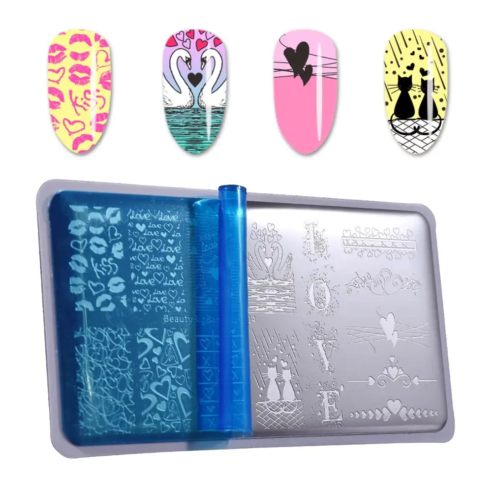 BEAUTYBIGBANG Rectangle Valentine's Day Stamping Plate Lover and Kiss Nail Art Image Stamp Templates | Красота и здоровье