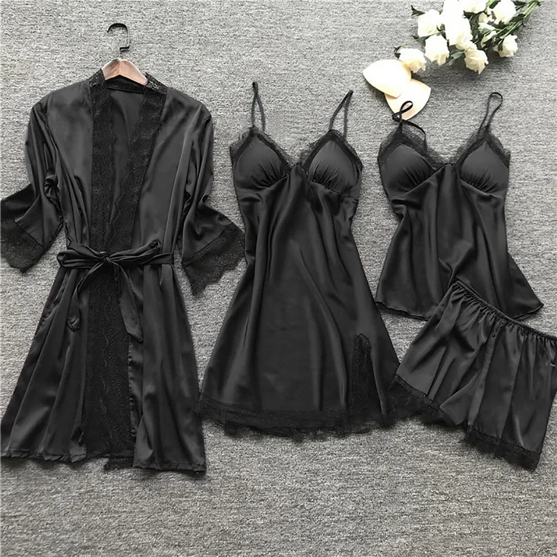 

Women Sleepwear Lace Pajamas Sets Nightgown Kimono Bathrobe Satin Gown Lady Nighty&Robe Suit Sexy Home Clothes White Wedding