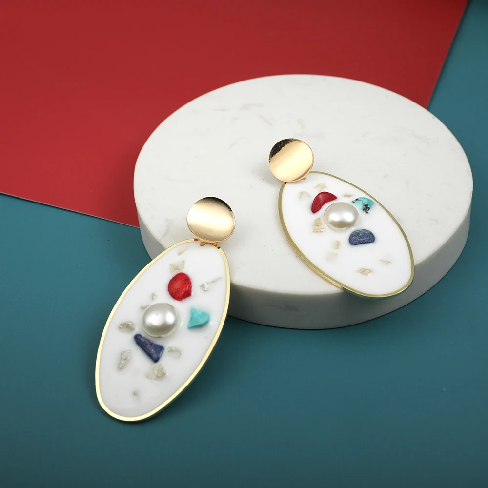 Женские богемные серьги подвески с овальным жемчугом большие из камней