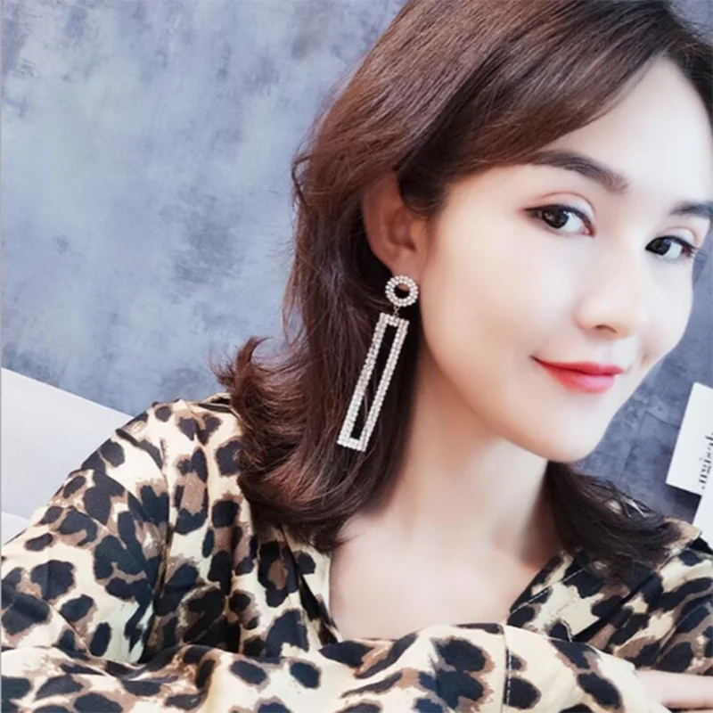 

Fashion rhinestone long earrings crystal hollow geometric rectangular earrings ladies personality hanging earrings
