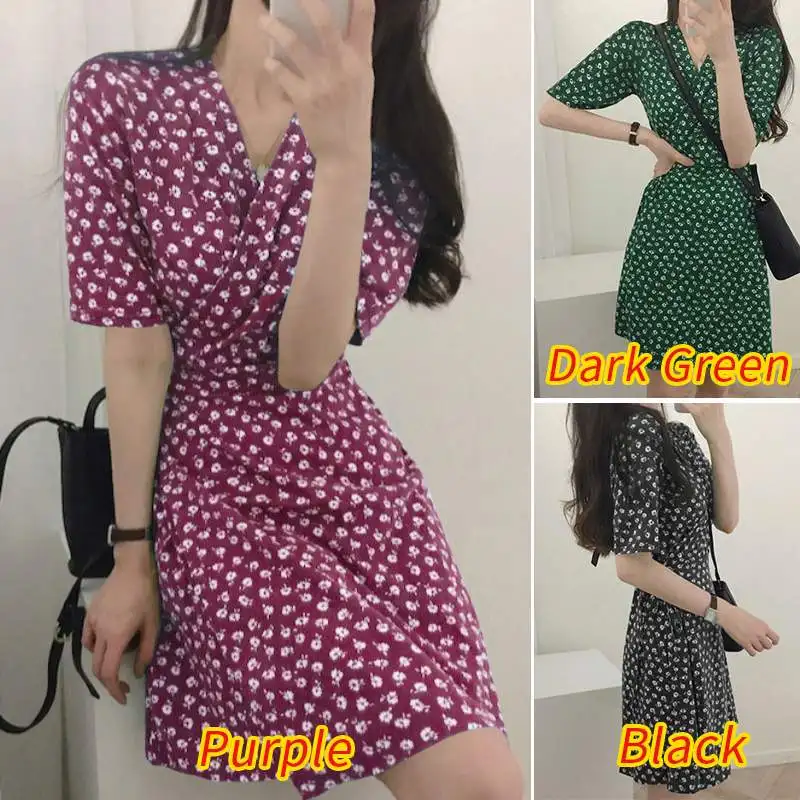 

Summer Sexy V Neck Vintage Floral Printed Dress VONDA 2021 Women Pleated Dresses Bohemian Party Vestidos Femme Short Dresses