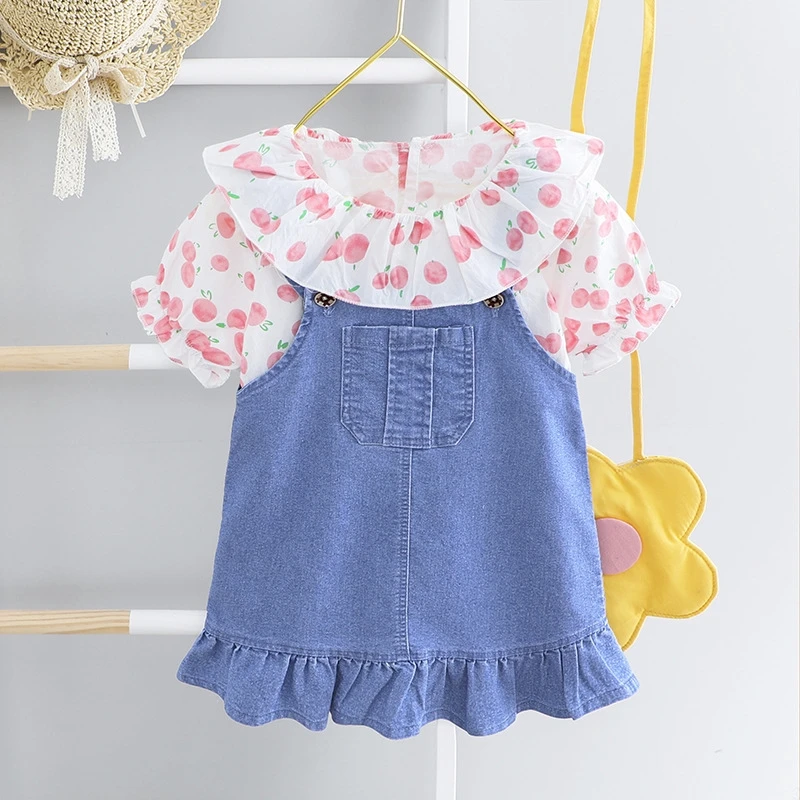 Летний топ с цветочным рисунком для девочек + джинсовое платье|Комплекты одежды