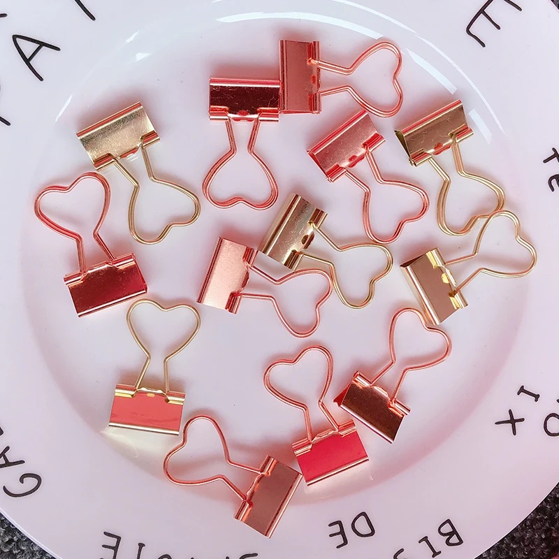 

10pcs Office Metal Clips Gold Rose Color Binder Clip Hollow Out Heart Shape Metal Binder Notes Letter Paper Clip Files Works New