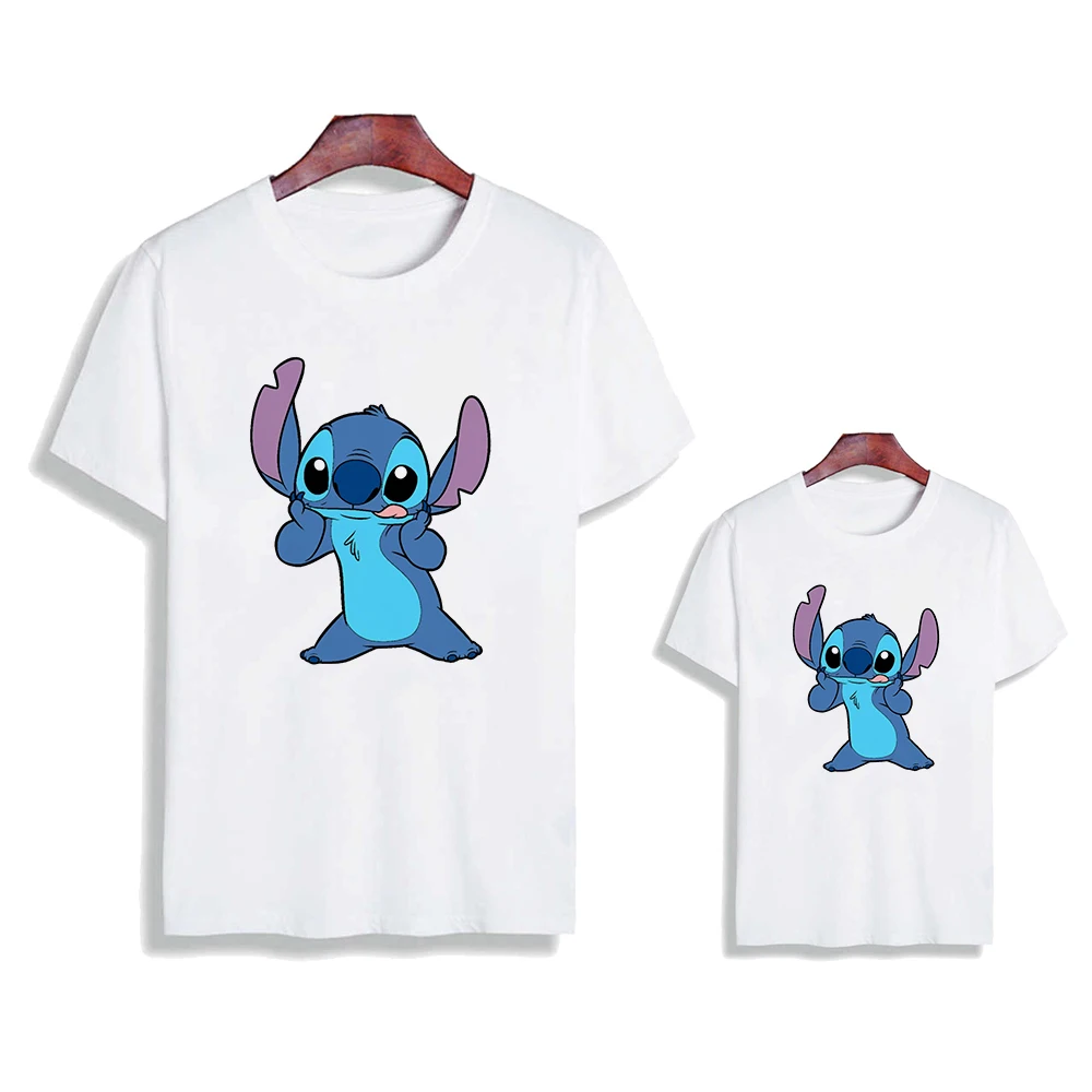 

Disney Female Child Clothes Cartoon Print T-shirt Mom And I Casual All-Match Top 2021 Summer Soft Anime Lilo&Stitch Family Look