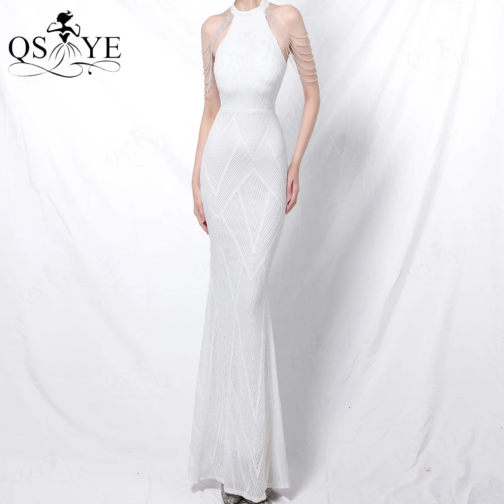 

Halter Neck White Wedding Dresses Shoulder Beaded Strap Mermaid Long Woman Gown Bridal Fitted Diamond Sequin Lace Bride Dress