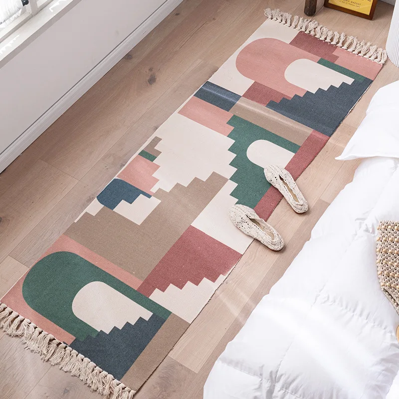 

Fresh Cotton And Linen Long Mats Bedroom Bedside Mats Living Room Sofa Coffee Table Hand-Woven Tassel Carpet