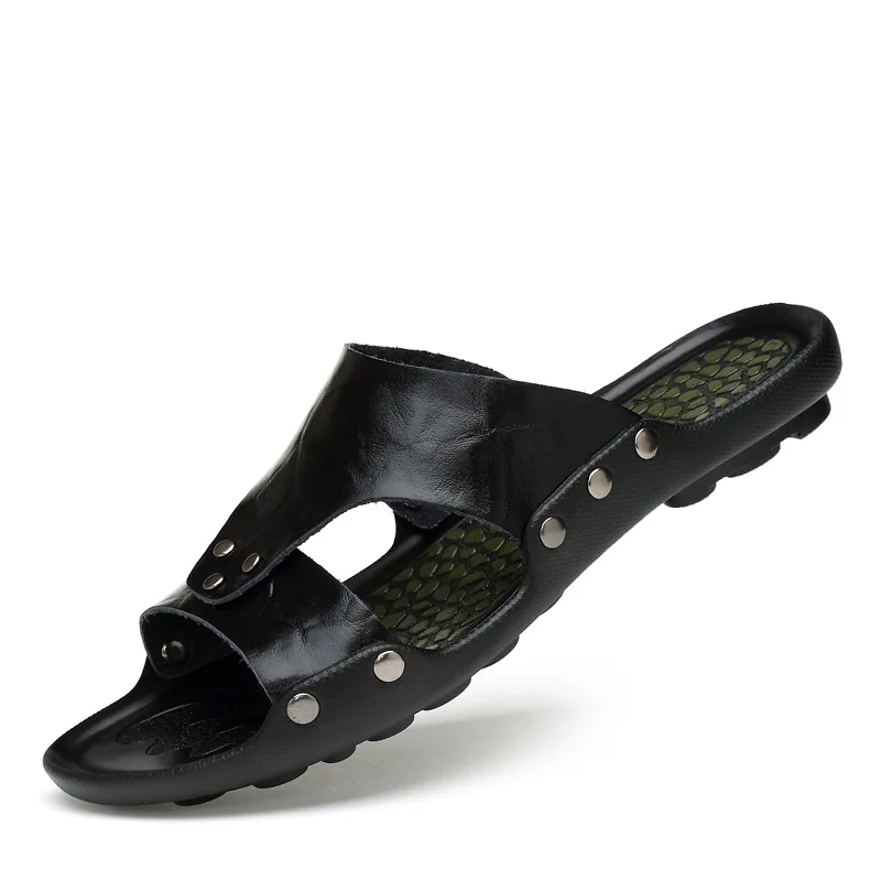 Летние тапочки кожаные мужские крутые шлепанцы большие размеры легкие из