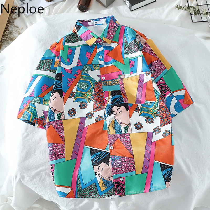 Женские и мужские Блузы с коротким рукавом Neploe Повседневная рубашка в стиле