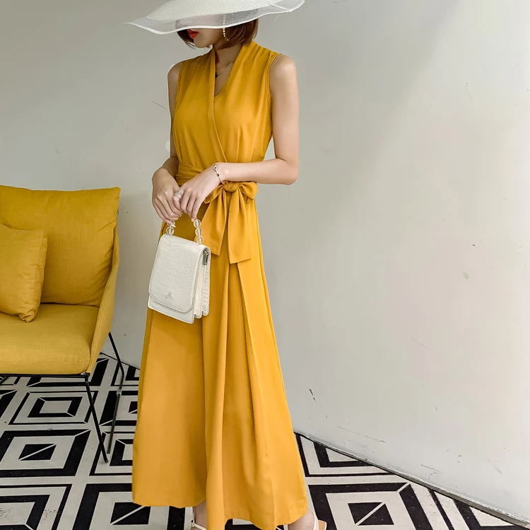 

Women Jumpsuits Rompers Summer Casual solid V-neck Pocket Overalls Jumpsuit Sleeveless Wide Leg Loose Jumpsuit