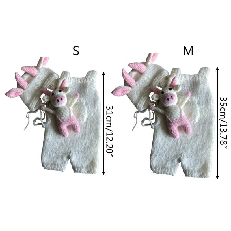 

3Pcs/Set Newborn Infant Baby White Pink Cow Ox Photography Props Knitted Sleeveless Pocket Rompers with Beanie Hat Doll