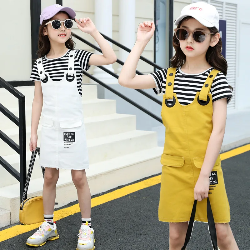 

Summer Children Clothing Sets For Girls Striped T-shirt+ Straps Dress 2pcs Kids Outfits Casual baby Girls Clothes Tracksuit