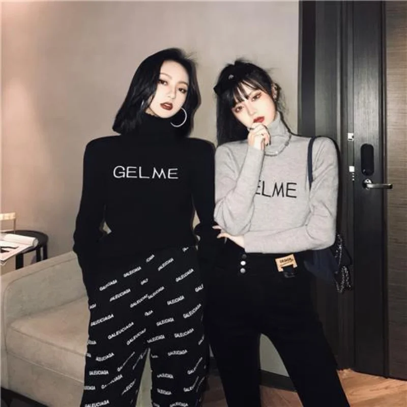 

Женский трикотажный свитер с высоким воротником и надписью, осенне-зимний пуловер с вышивкой, 2021