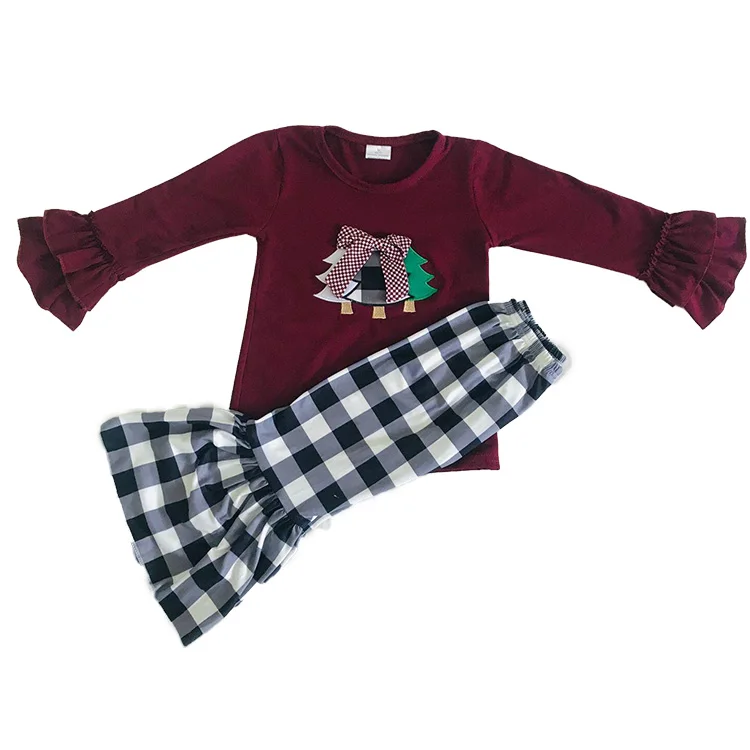 

boutique outfitsChristmas embroidery tree pattern cotton lattice bell pants girl clothes set 06