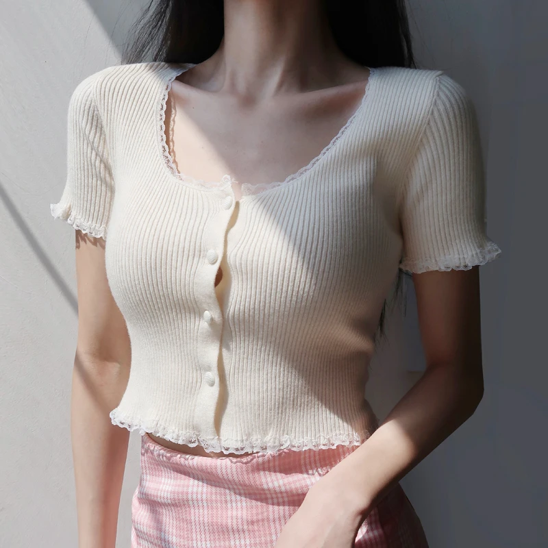 Женский ребристый укороченный Вязаный топ на пуговицах с кружевной отделкой