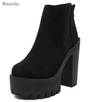 2021 brand new thick high heel flock boots women autumn winter platform zipper shoes round toe ankle black boots