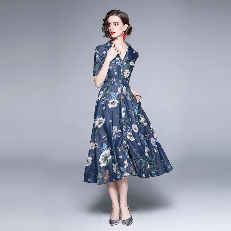 

ZUOMAN Women Summer Elegant Denim Dress Shirt High Quality Long Floral Party Robe Femme Vintage Designer A-Line Vestidos