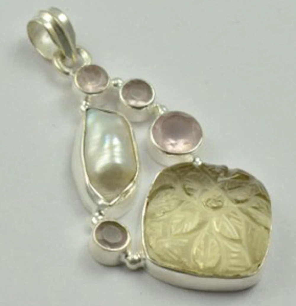 Резной цветок Кристалл &amp Бива жемчуг Роза кварц кулон серебро 925 пробы 44 7 мм AP4543 |