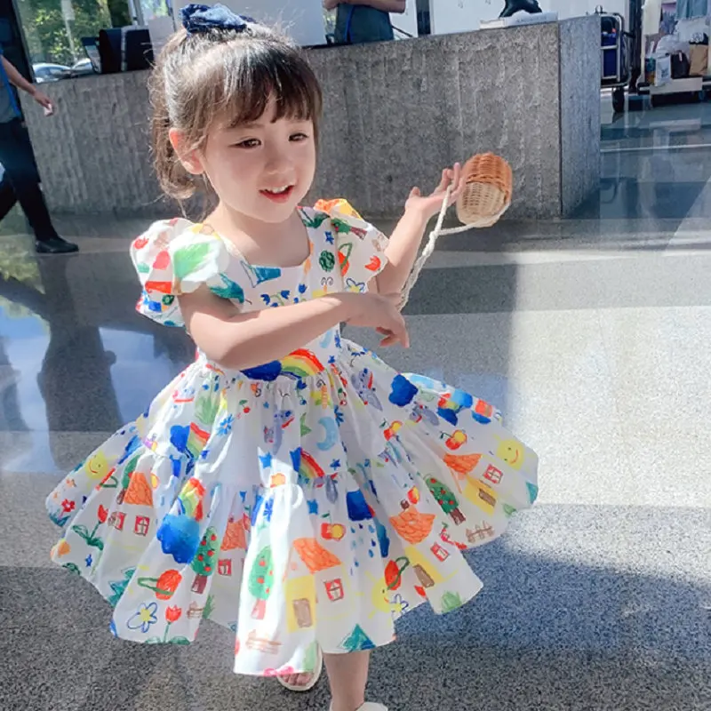 

Children's Casual Dress 2022 Summer New Kids Print Colorful Sweet Puff-Sleeves Dress For Girls Cartoons Princess Dress 3-6 Years