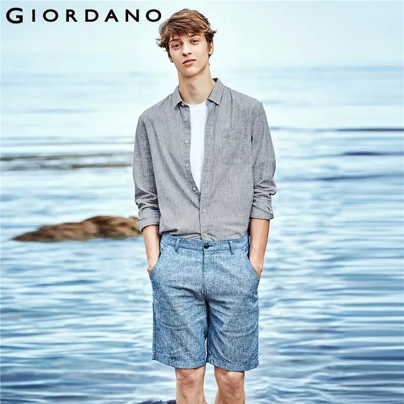 Мужская рубашка с длинным рукавом Giordano повседневная однотонная блузка из льна и