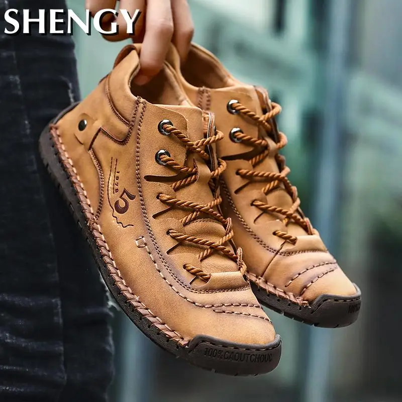 

2021 Men Shoes Winter Sneakers Medium-Cut Boots Male Vintage Leather Handmade Boots Men's Sneakers Retro Frosty Boots Big Size