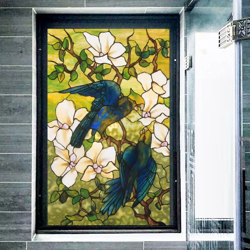 European Church Tiffany Style Glass Film Stained Window Films Opaque Static Cling Privacy Custom Size Stickers Hibiscus Parrots | Дом и сад