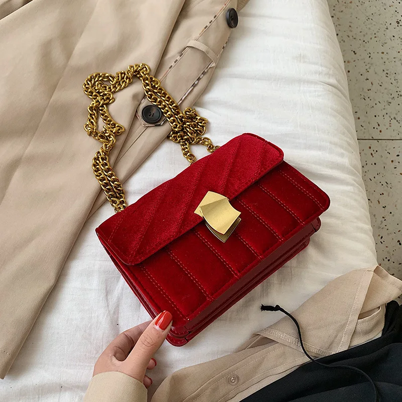 Luxury women clutch bag high quality velvet chain female designer shoulder Messenger bag evening package party small square bags - Цвет: Красный