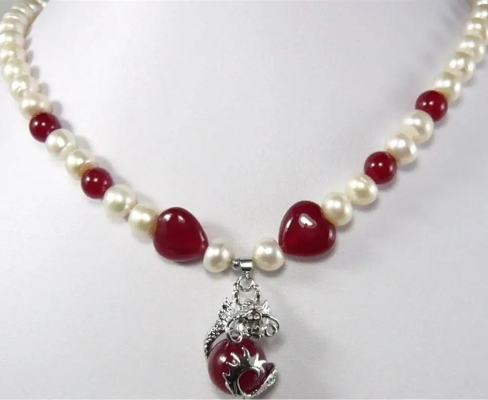 

ping fancy design Beautiful white pearl red jades & fancy pendant Necklace