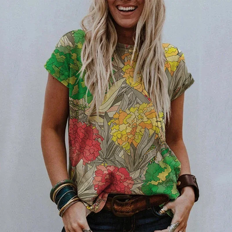

2021 Summer Elegant O-Neck Short Sleeve Tops Women Vintage Flower Print Blouse Shirts Female Fashion Casual Loose Streetwear 3XL