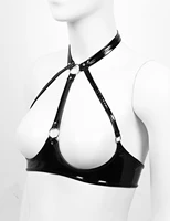 sexy womens exotic costumes bra tops wet look patent leather lingerie halter neck backless open cups wire free unlined bra top