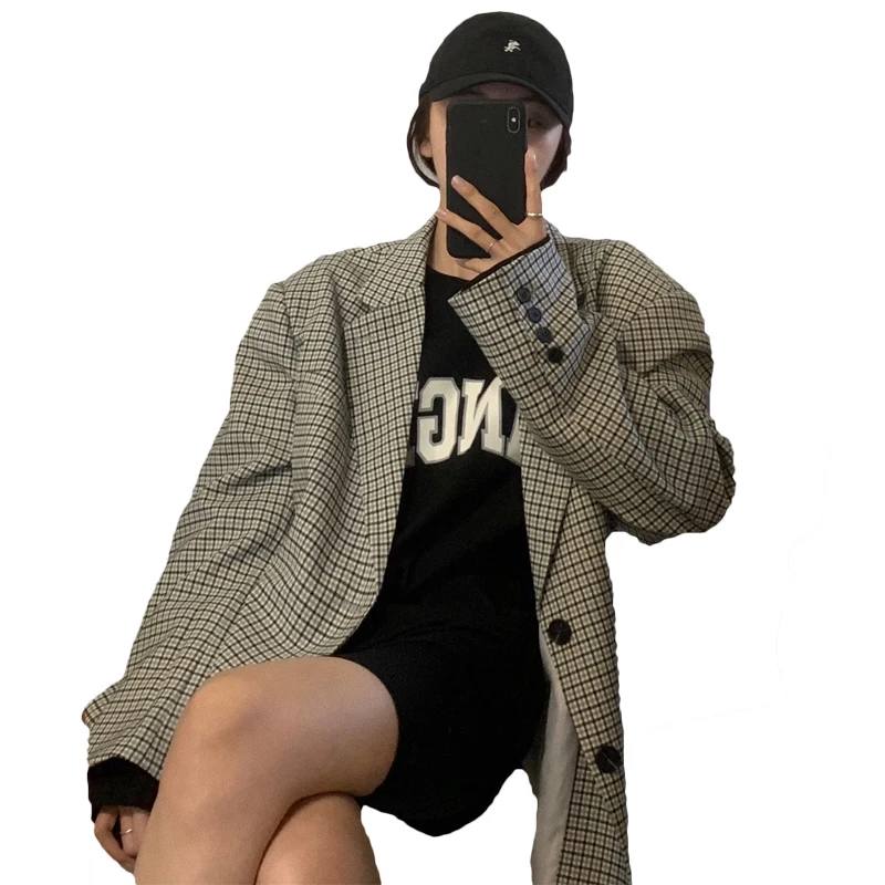 

2020 New Spring Autumn Gray-green Plaid Suit Jacket Women British style Oversize Street Blazers Suit Female Outerwear b726