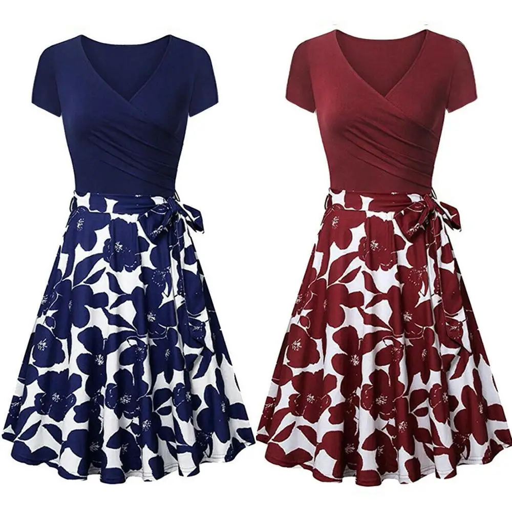 

Women's Short Sleeve Cross V- Neck Dresses Vintage Elegant Flared A-Line Dress