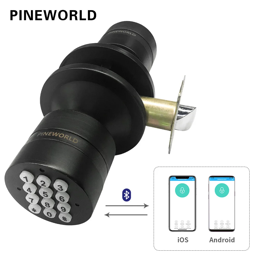 

PINEWORLD Q100 Black Electronic Password Door Lock Smart Bluetooth Digital APP Keypad Code Keyless Knob Lock For Home Office