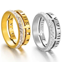 2 colors gold silvery hollow crystal stainless steel wedding band ring roman numer punk rings for men women coulple jewelry
