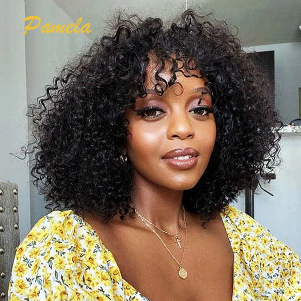 

Short Curly Pixie Cut Bob Human Hair Wig With Bangs Full Machine Wigs For Black Women Remy PrePlucked With Baby Hair Brazilian