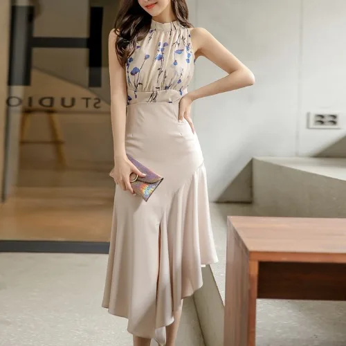 

TVVOVVIN Women Elegant Two Piece Set Summer New Sleeveless Print Short Top + High Waist Split Irregular Skirt 3PI7