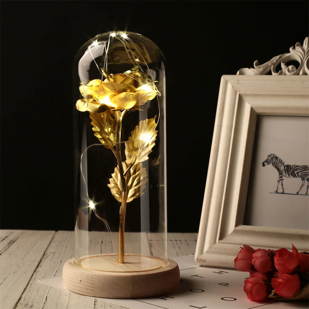 

Glass Shade LED Light Foil Rose Flower Led Lamp For Desktop Home Party Wooden Base Valentine's Day Gift