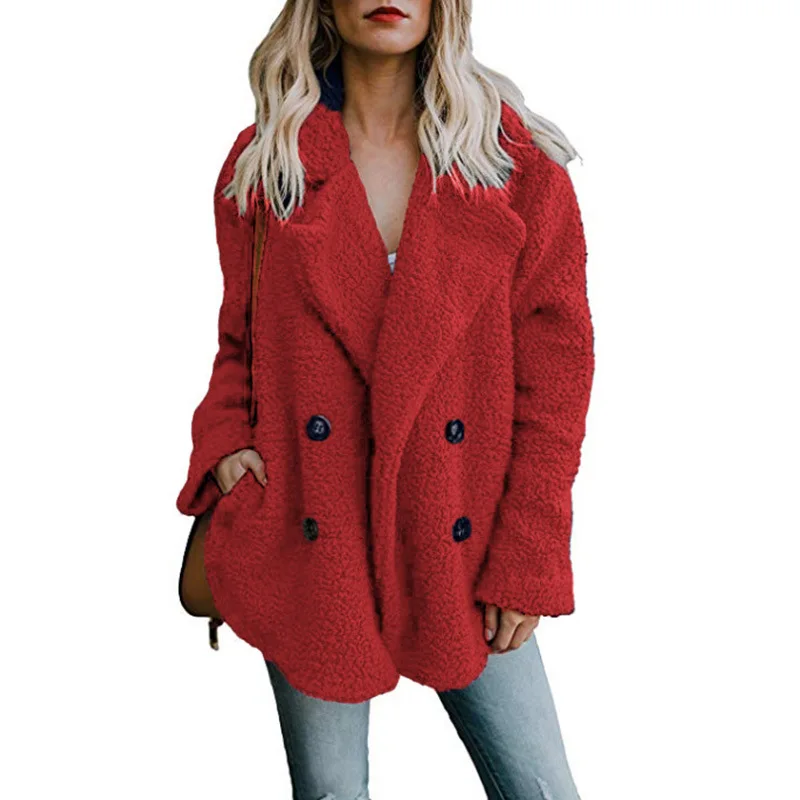 Women's Jacket 2022 Autumn and Winter Fashion New Plush Buttons Lapel Pocket Double Breasted Sweater Lapel Loose Fur Coat Women