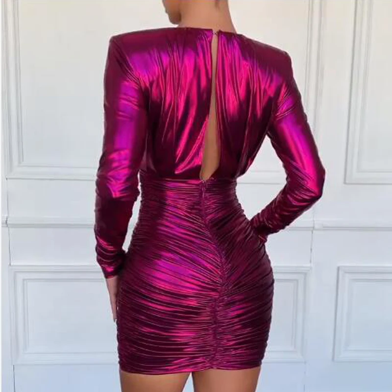 Fuchsia Shiny Long Sleeves V-neck Mini Bodycon Cocktail Dresses Short Robe Party dress femme vestidos coctel 2019 semi | Свадьбы и