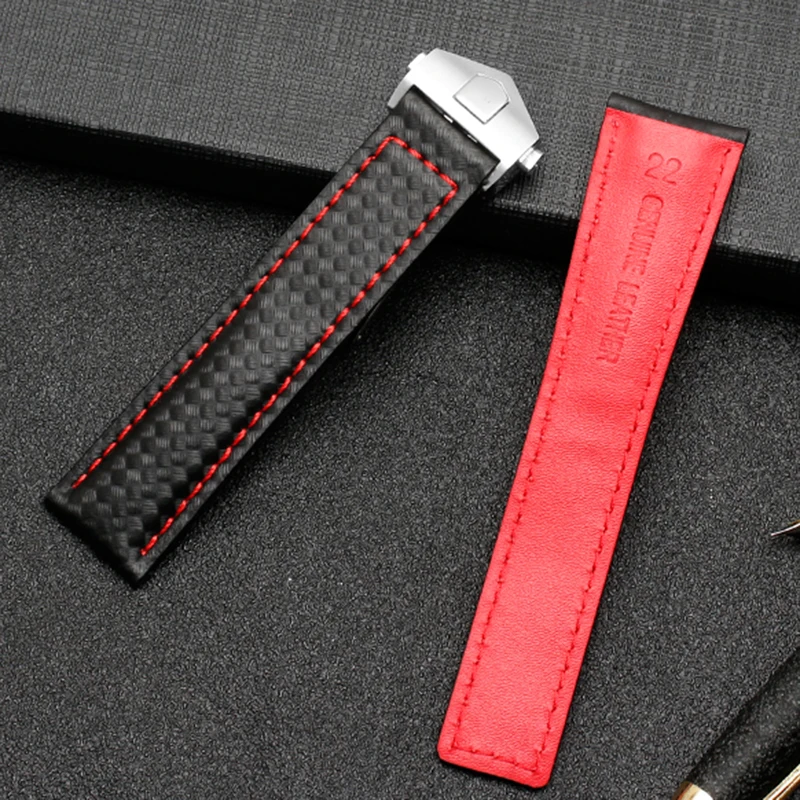 For TAG heuer  watchband Carbon fiber texture cow leather bottom BLACK RED wristband men's strap 20mm 22mm with folding buckle