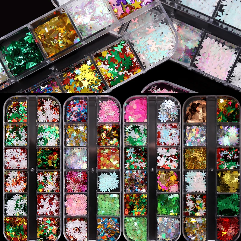 

12 Grids 3D Nail Art Christmas Sequins Snowflake Xmas Tree Slices Nail Thin Sticker Designs Decorations Manicure Glitter Flake